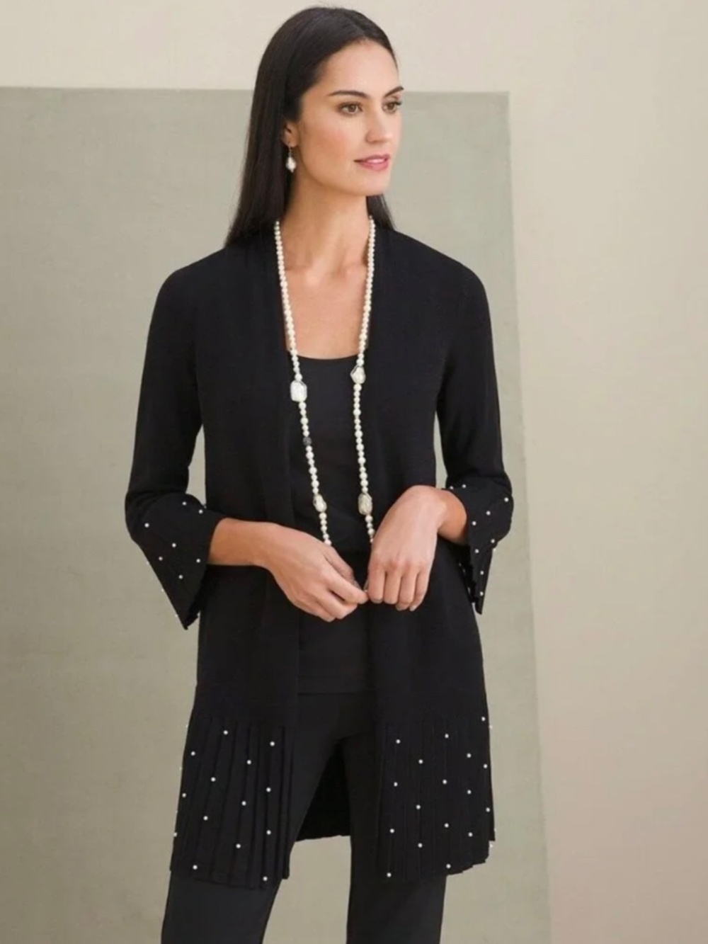 Chicos Black Sz 1 M 8 Pleated Long Cardigan Sweater Faux Pearl Embellished Cozy